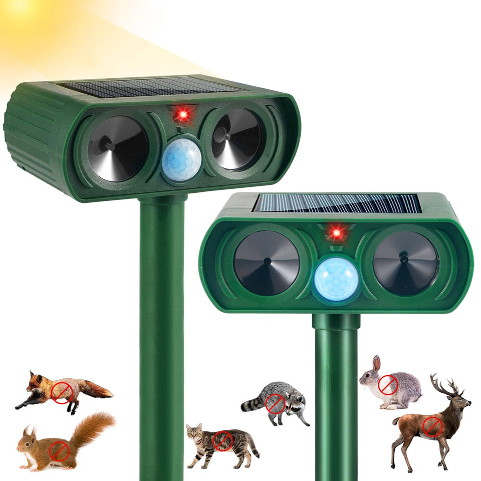 JahyElec Fortress Pro cat repellent with solar panel powers humane deterrence outdoors.