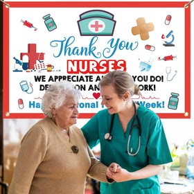 Jailee Nurses Banner nurse cap and first aid motif boosts party décor.