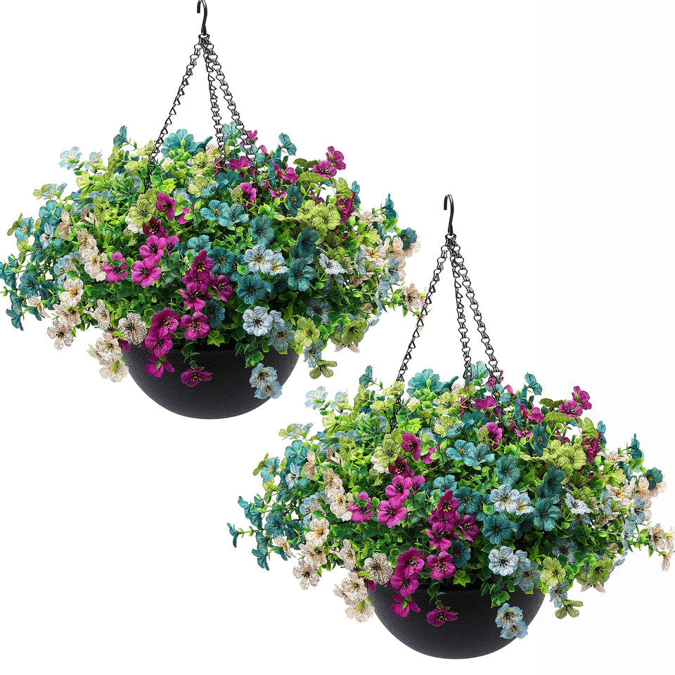JAKY-Global artificial hanging plants with daisies and eucalyptus in a ready-to-hang basket for porch decor