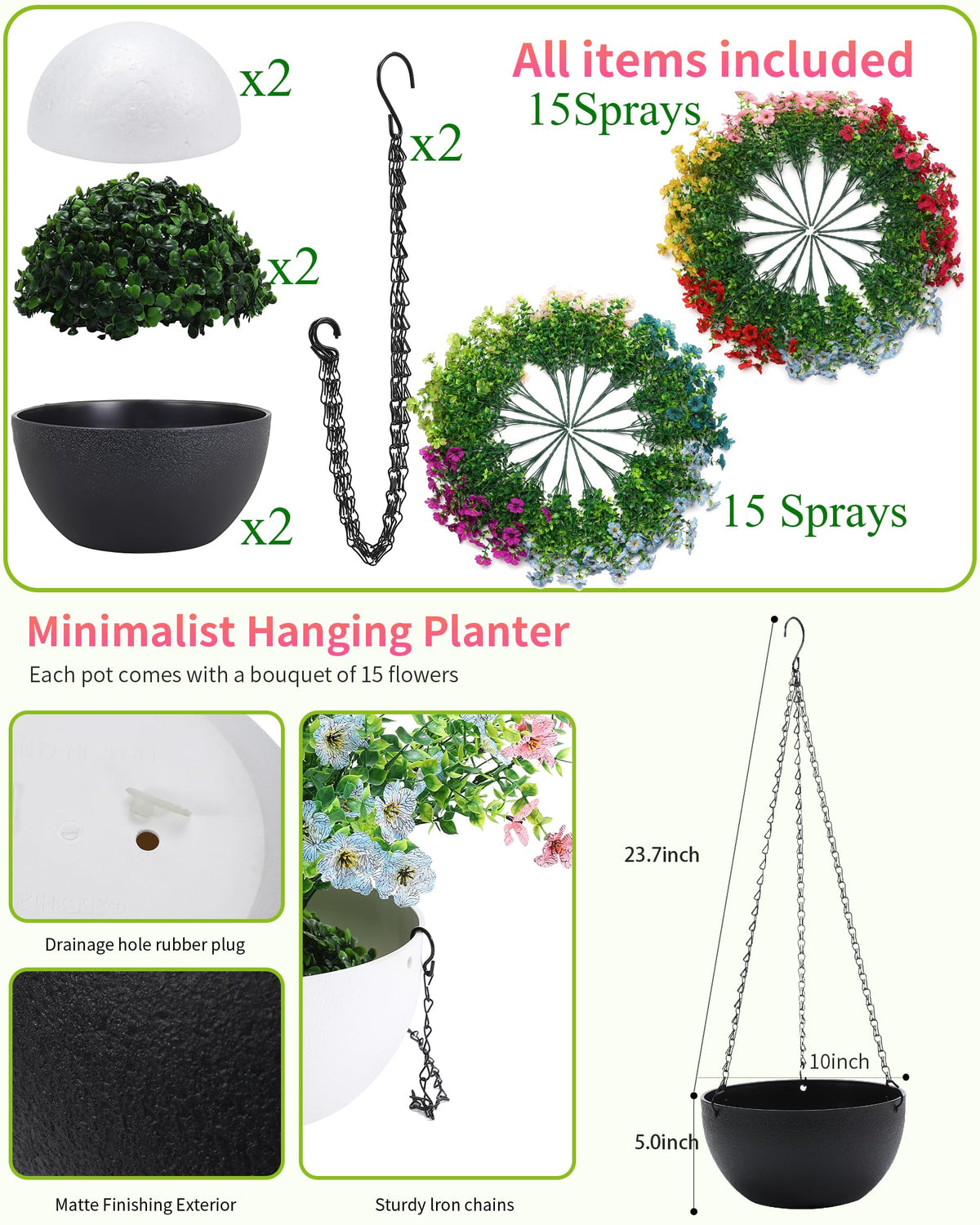 JAKY-Global weatherproof hanging basket with 30 stems provides maintenance-free outdoor color