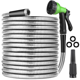 JAMIEWIN metal hose 50 ft outdoors for watering and cleaning with rugged durability.