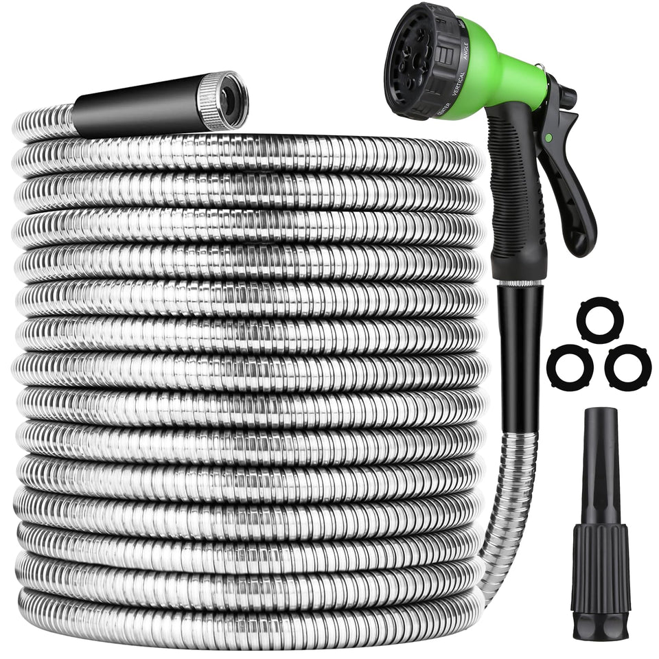 JAMIEWIN metal hose 50 ft outdoors for watering and cleaning with rugged durability.