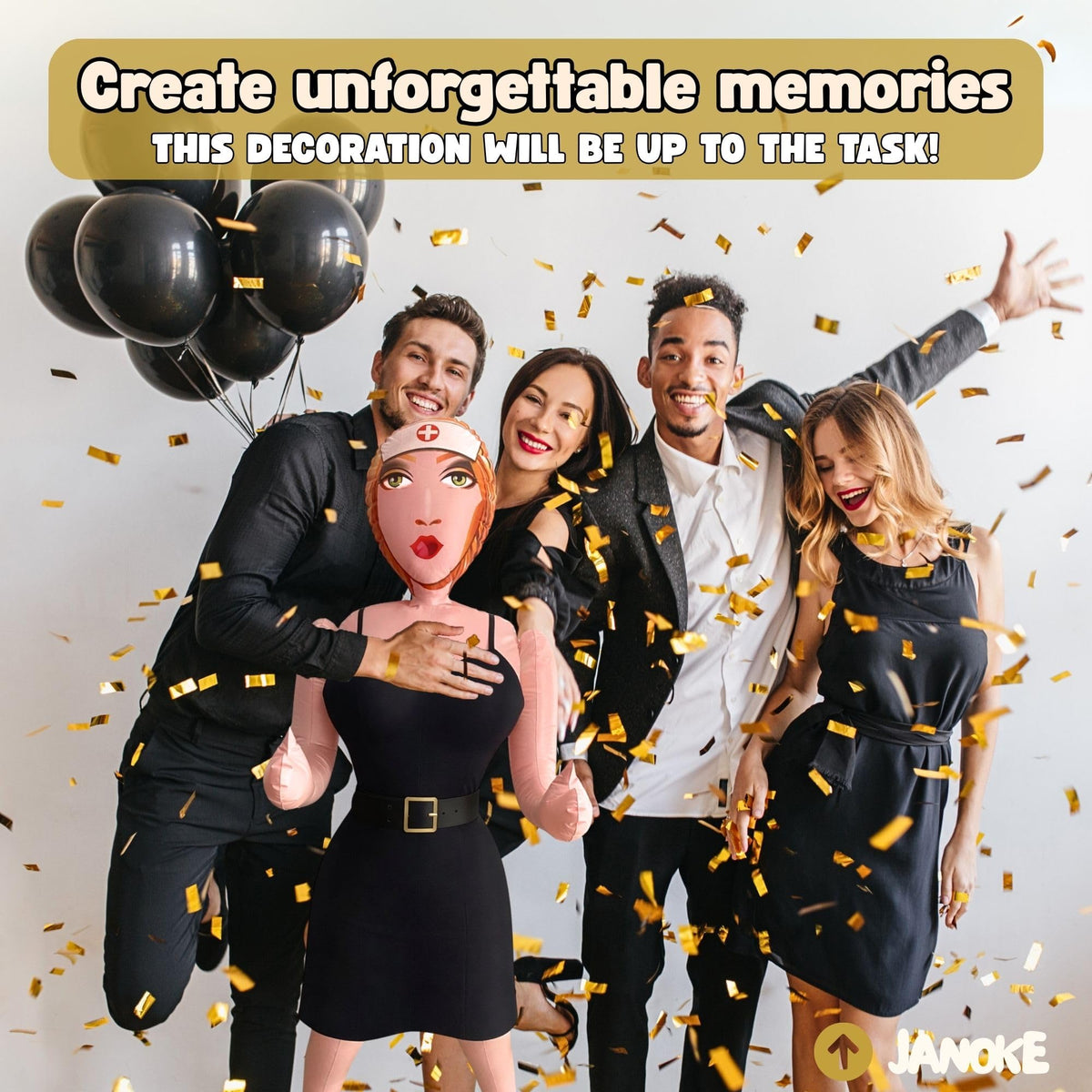 JANOKE inflatable display figure enhances group photos at celebrations and parties.