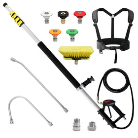 Janz aluminum 24ft telescoping wand extends reach for high-elevation cleaning.