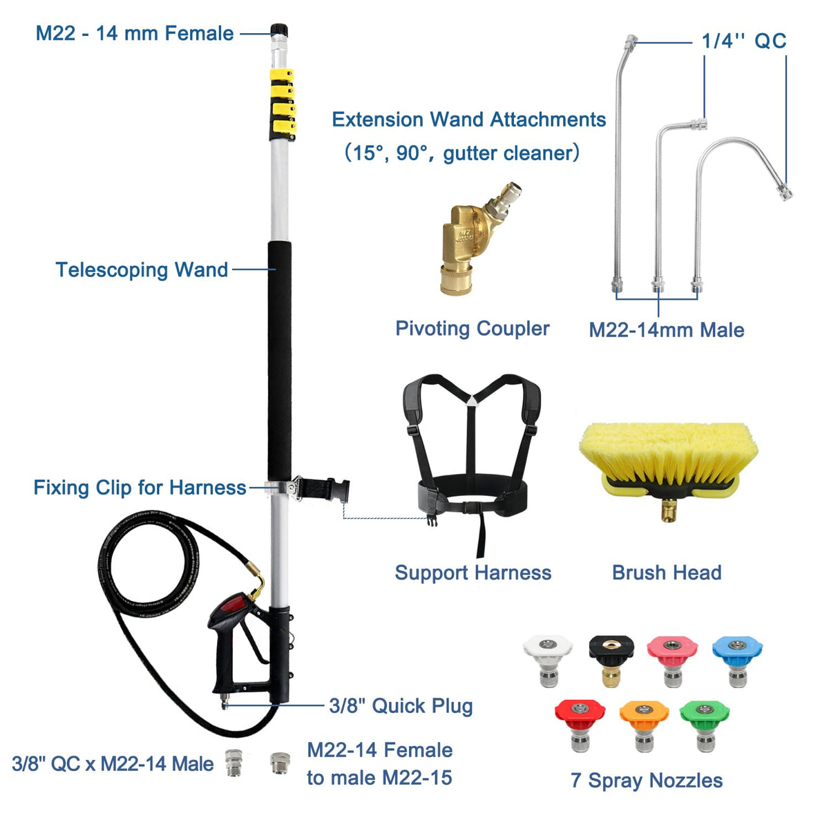 Seven nozzle tips provide versatile spray patterns for different surfaces