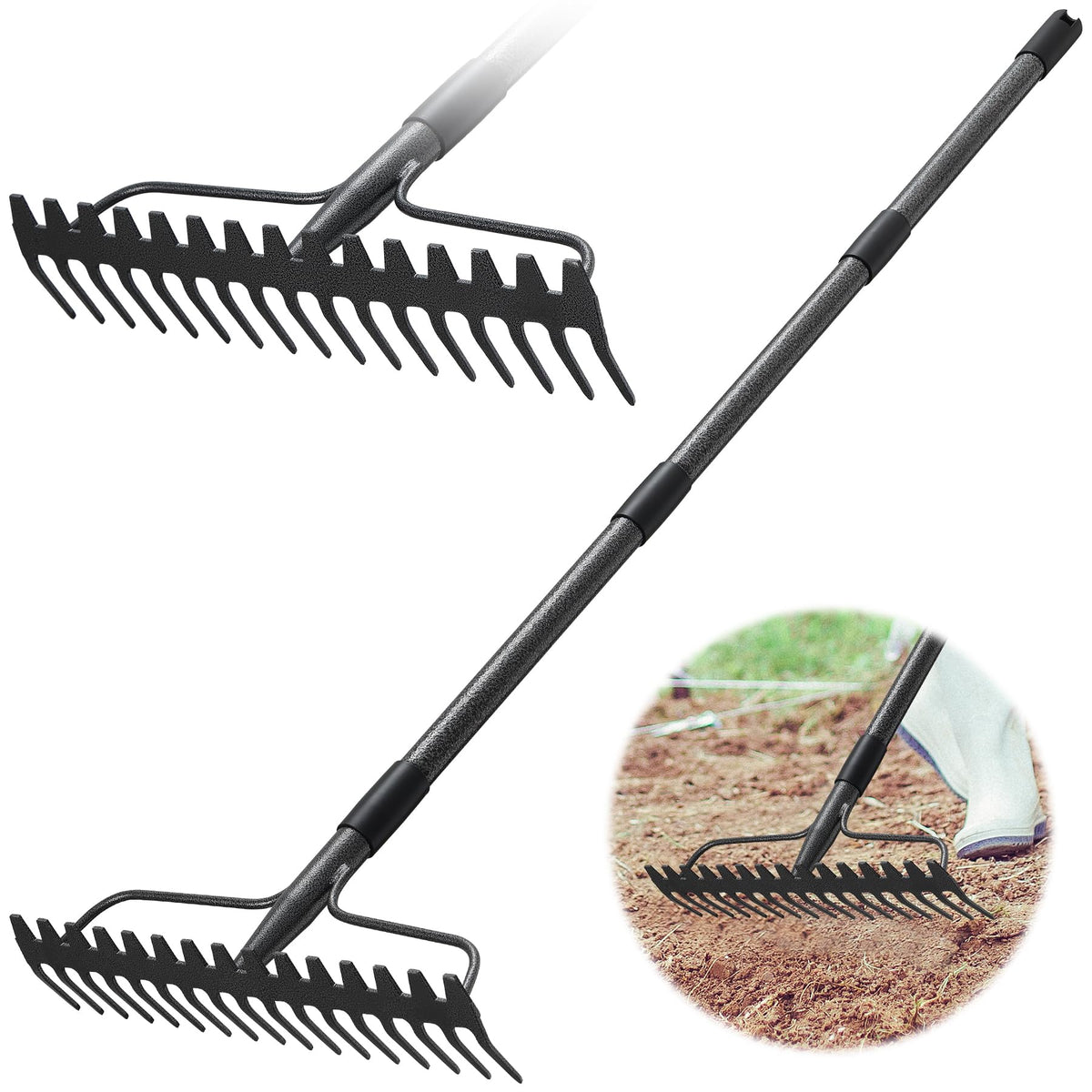 JAOTREL 49-inch bow rake with stainless steel head for durable soil loosening