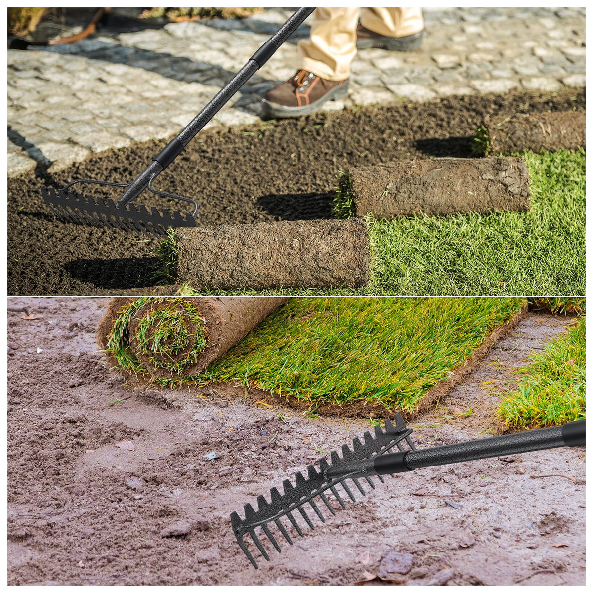 JAOTREL 63-inch bow rake stores neatly with detachable sections after use.