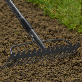 JAOTREL bow rake head close-up showing sturdy stainless steel construction for soil prep.