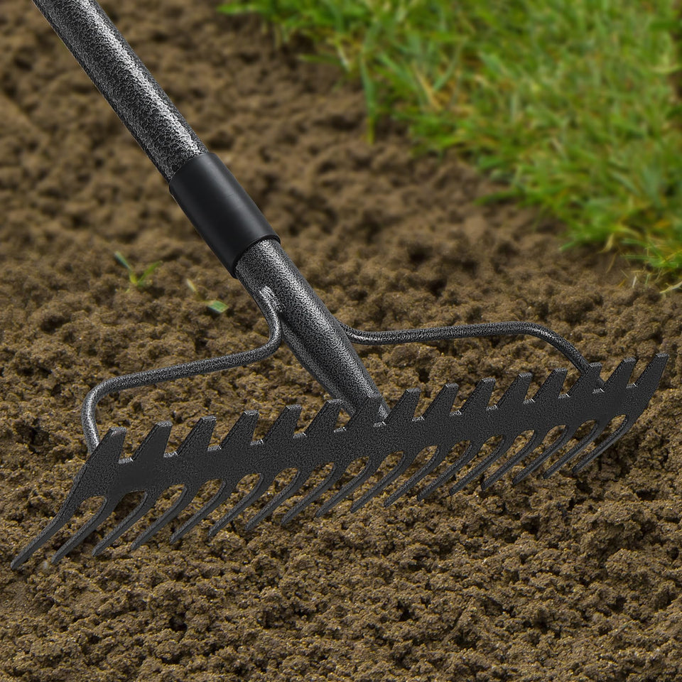 JAOTREL bow rake head close-up showing sturdy stainless steel construction for soil prep.