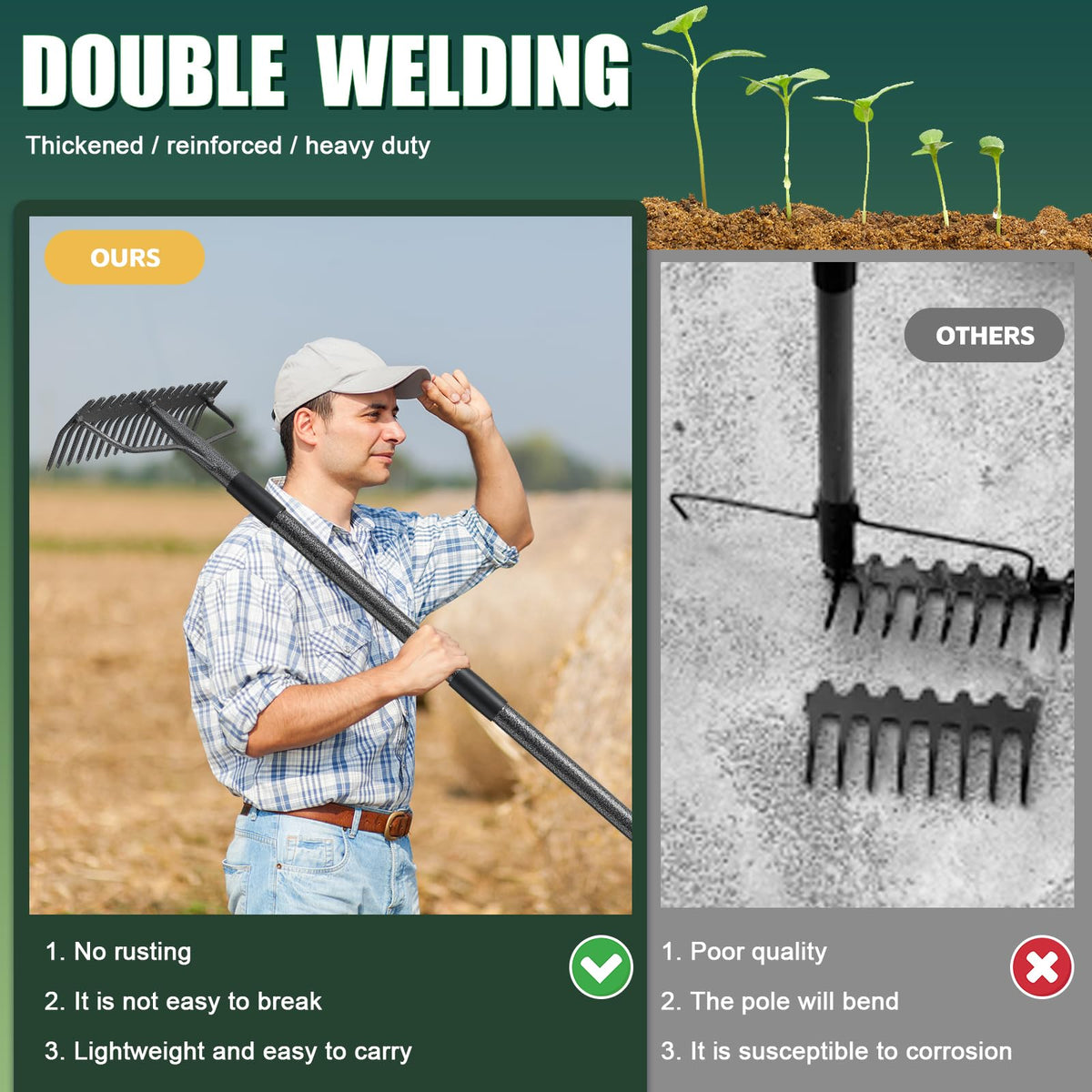 JAOTREL 63-inch bow rake tines spread soil evenly for deeper loosening.
