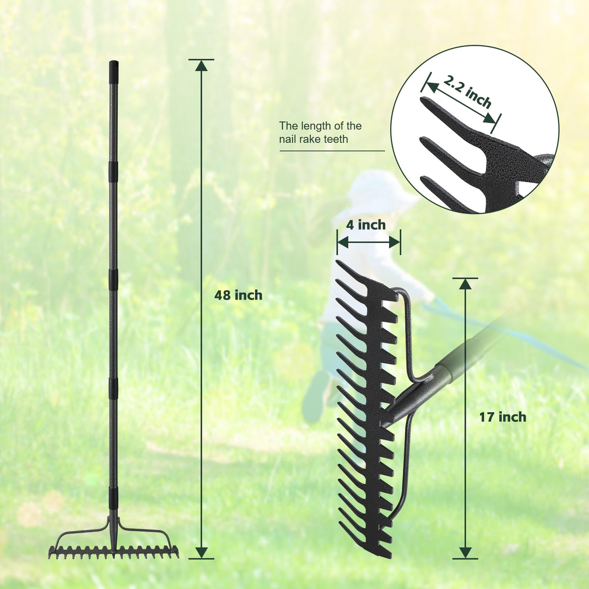 JAOTREL 63-inch rake with triple welded connection stays secure during heavy-duty raking.