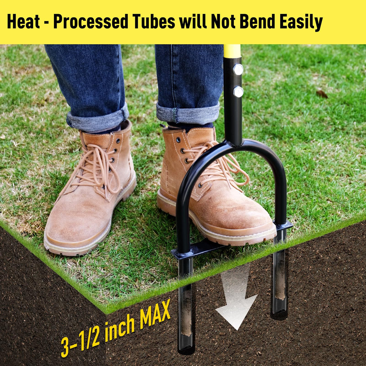 Jardineer aerator features an anti-slip foot bar for secure stance during use.