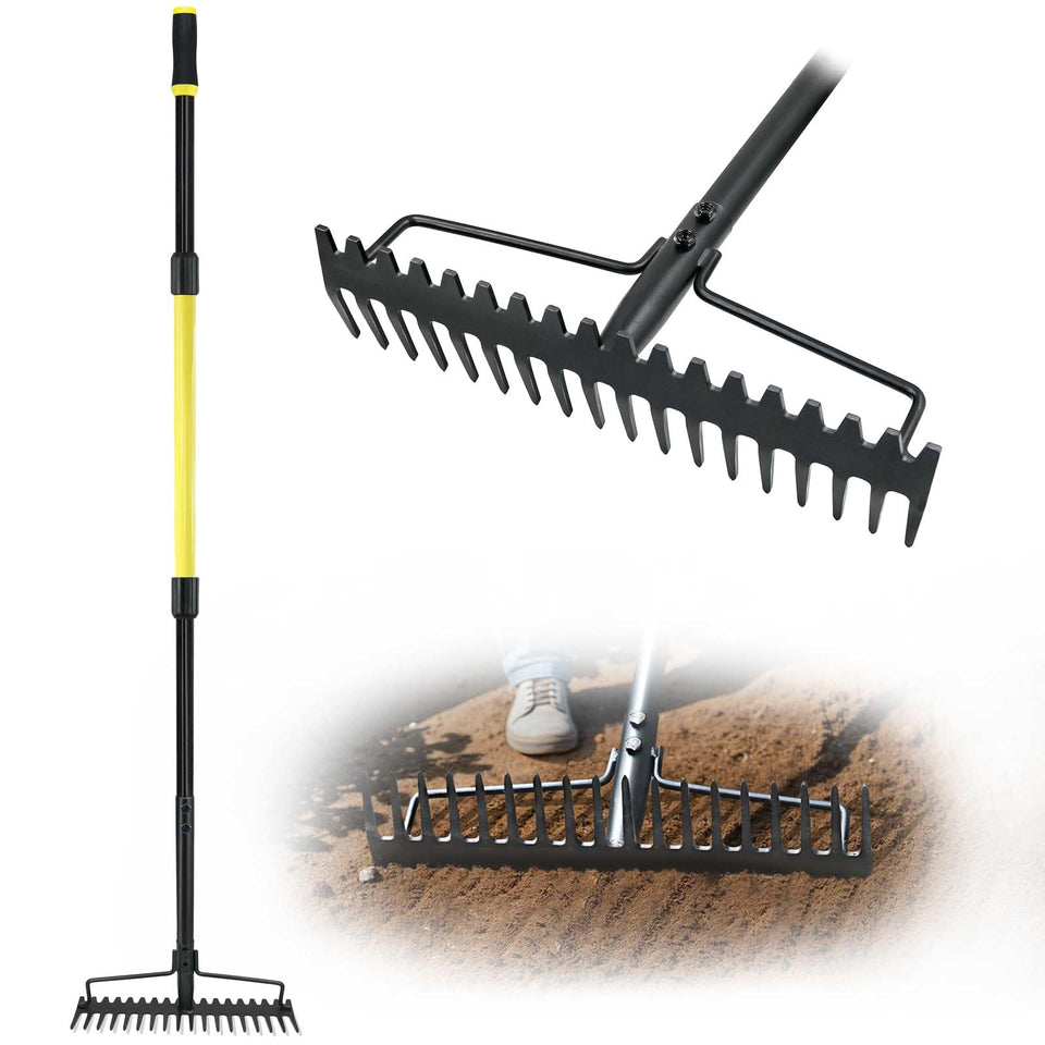 Jardineer Bow Rake with 18-tine wide head speeds soil leveling.