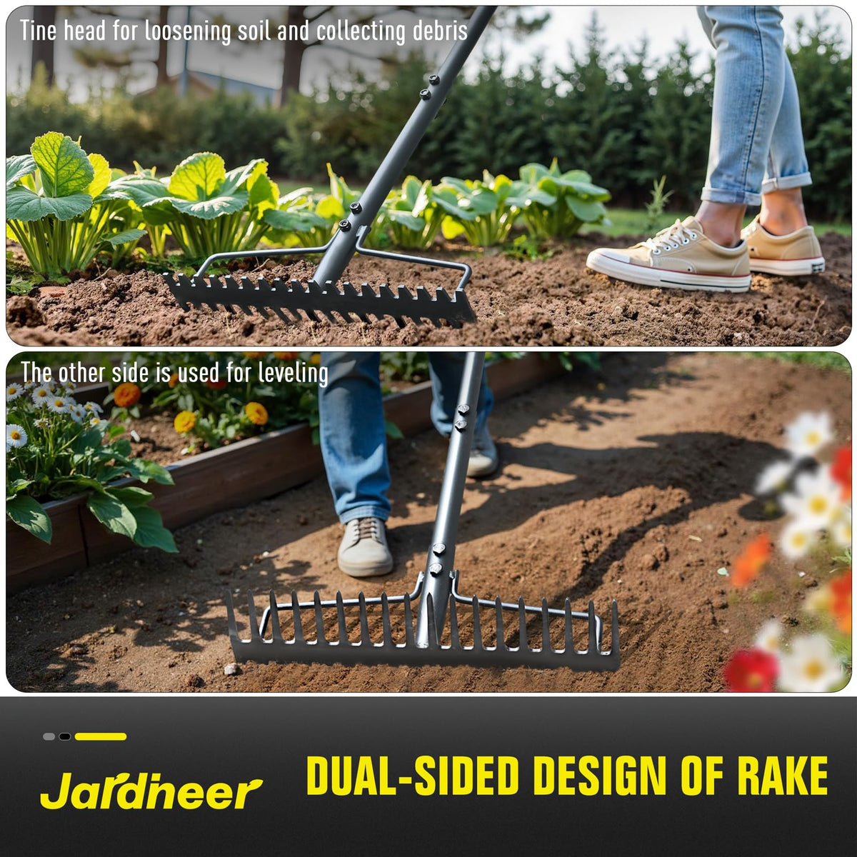 Jardineer Bow Rake with 59-inch handle for leverage in heavy tasks.