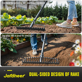 Jardineer Bow Rake with 59-inch handle for leverage in heavy tasks.