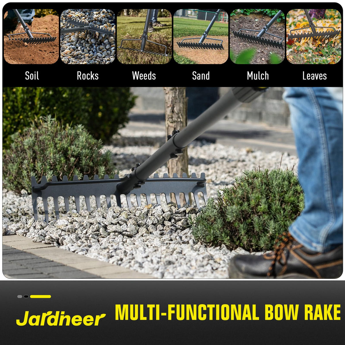 Jardineer Bow Rake dual-sided design offers versatile use.