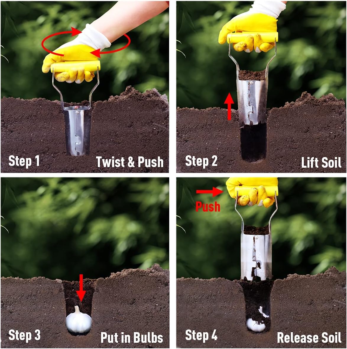 Jardineer Bulb Planter dirt-proof gloves protect hands in soil.