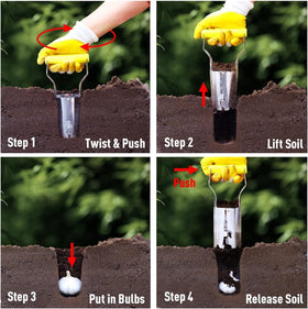 Jardineer Bulb Planter dirt-proof gloves protect hands in soil.