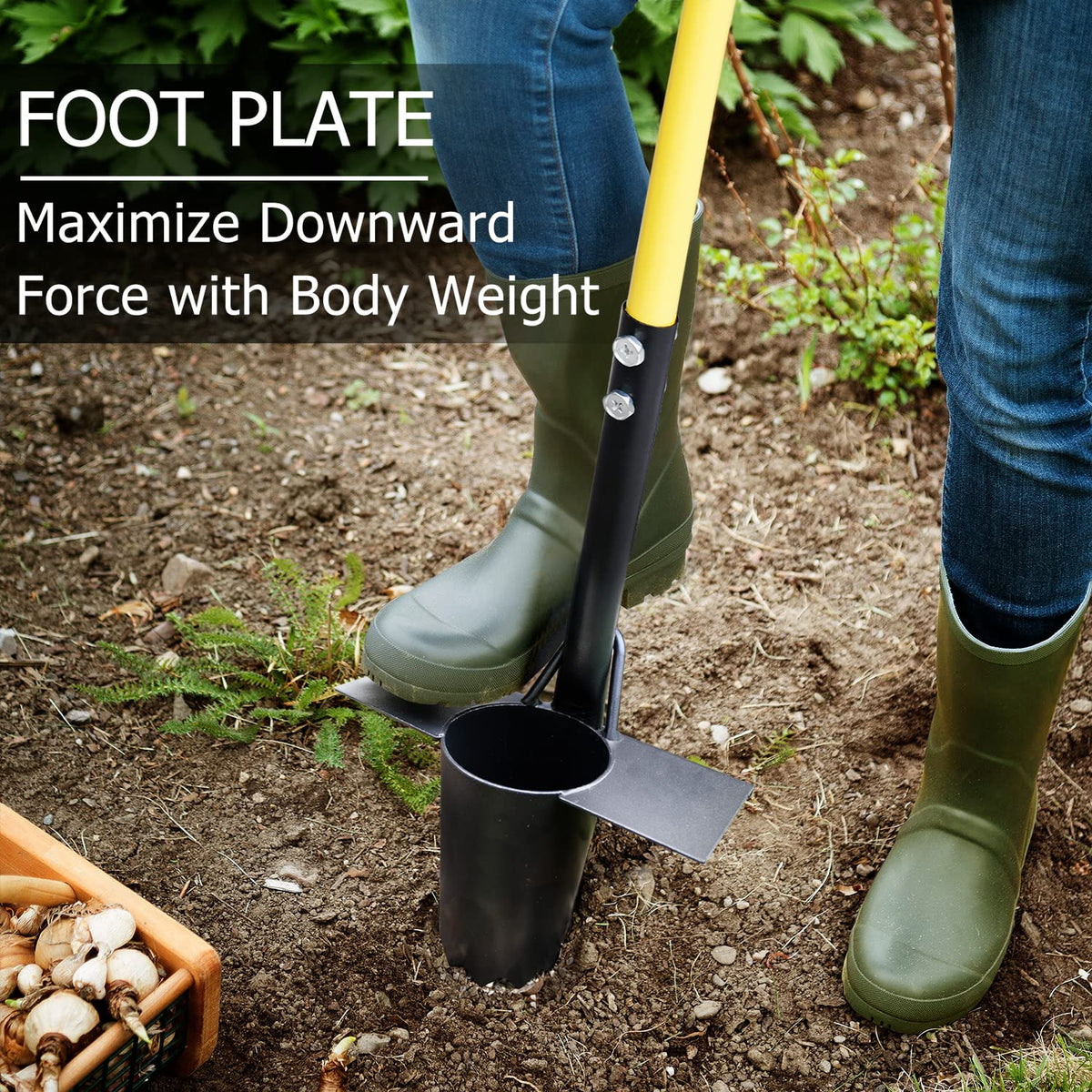 Jardineer Bulb Planter foot plate increases safety and leverage.