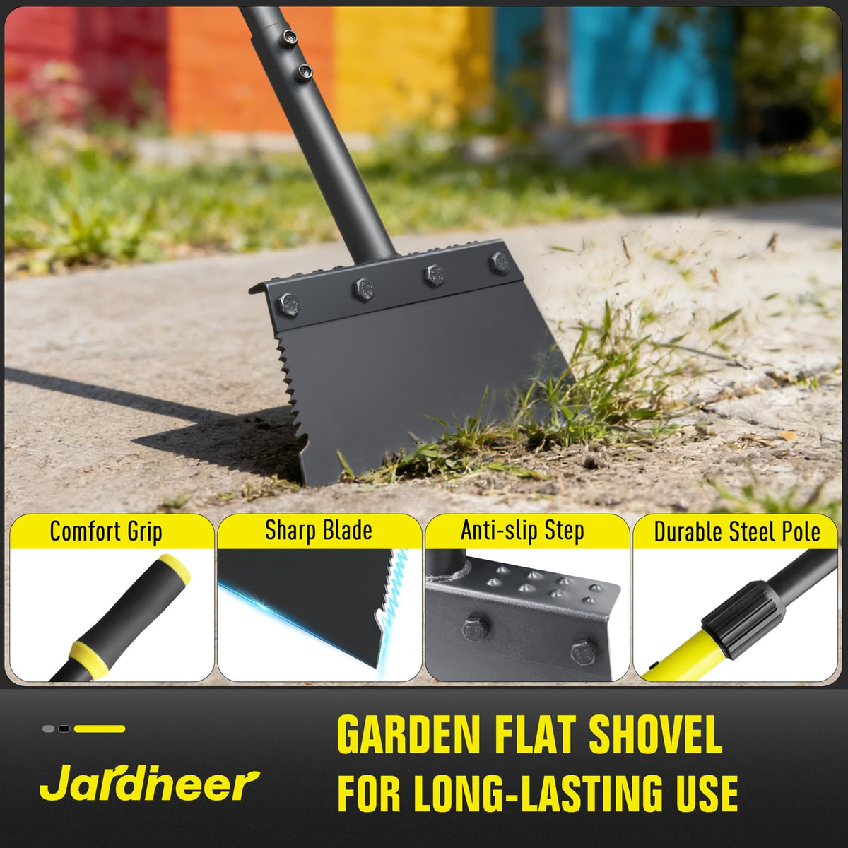 Jardineer Garden Flat Shovel long 60-inch handle reduces back strain during yard cleanup.