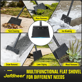 Jardineer flat shovel used as floor scraper for garage and coop cleanup.