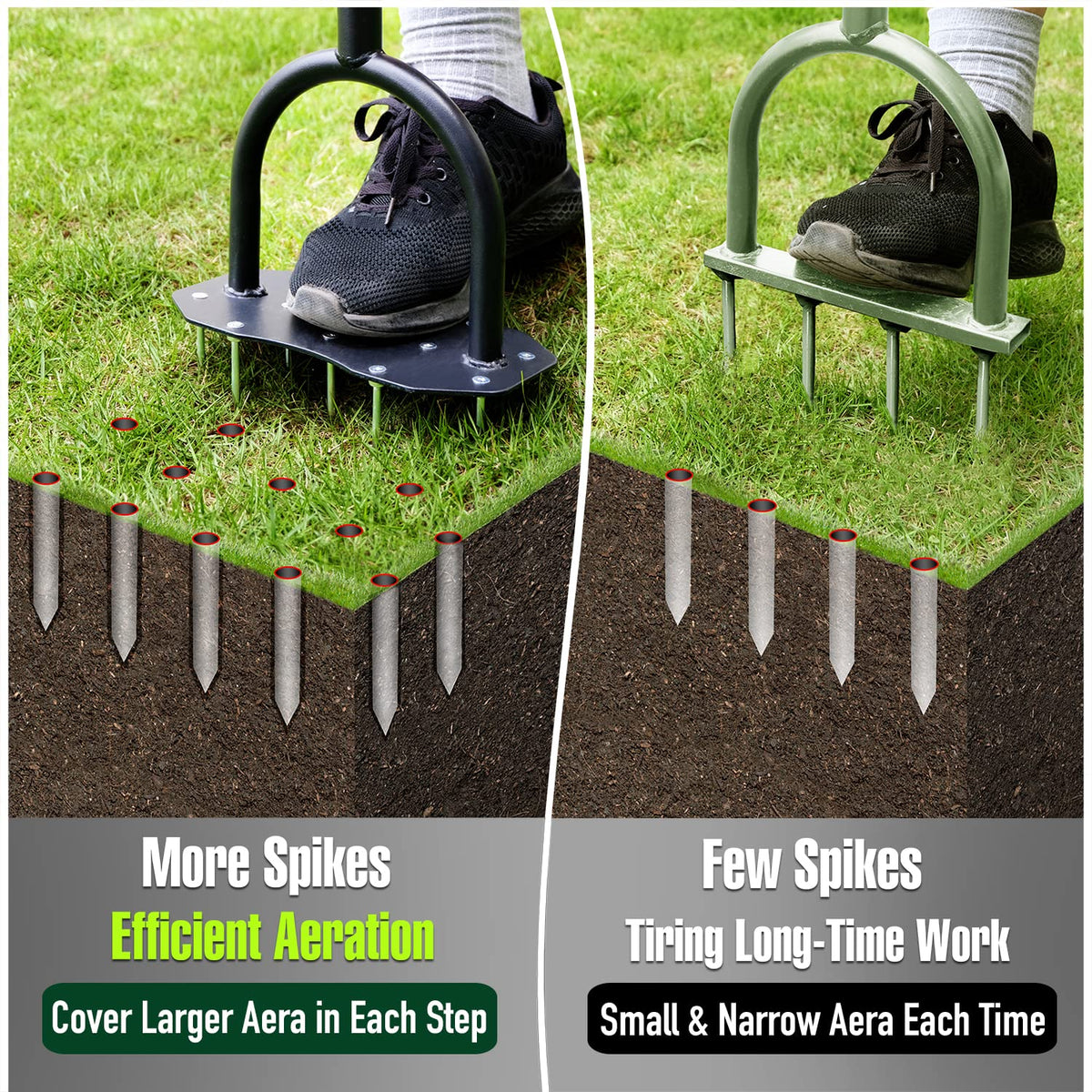Back-saver design reduces effort during lawn aeration.