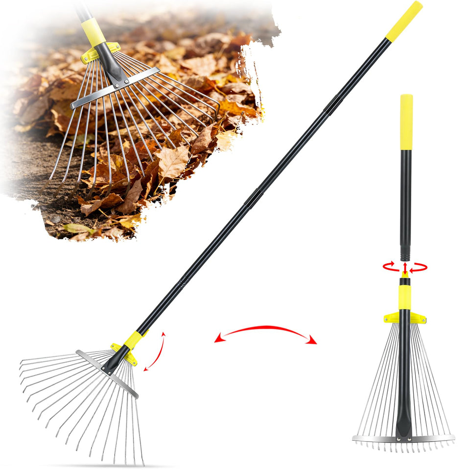 Jardineer Garden Rake with adjustable head in action for flexible debris gathering