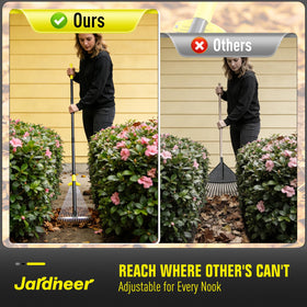 Collapsible Jardineer rake stored compactly in a shed