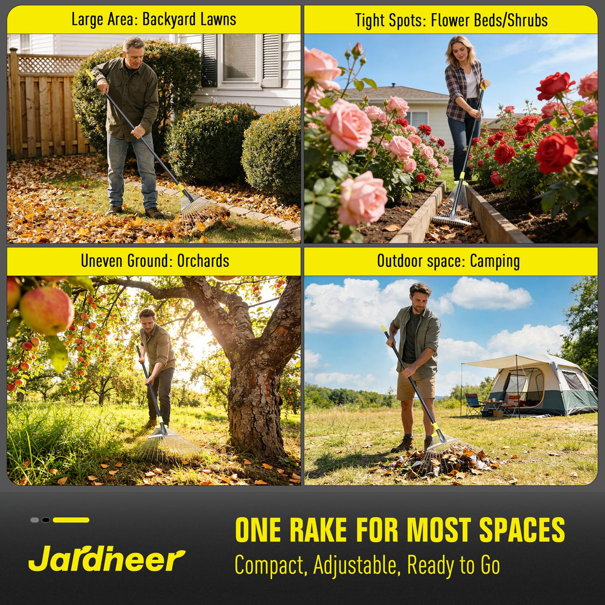 Multi-surface cleanup with Jardineer rake removing leaves and needles