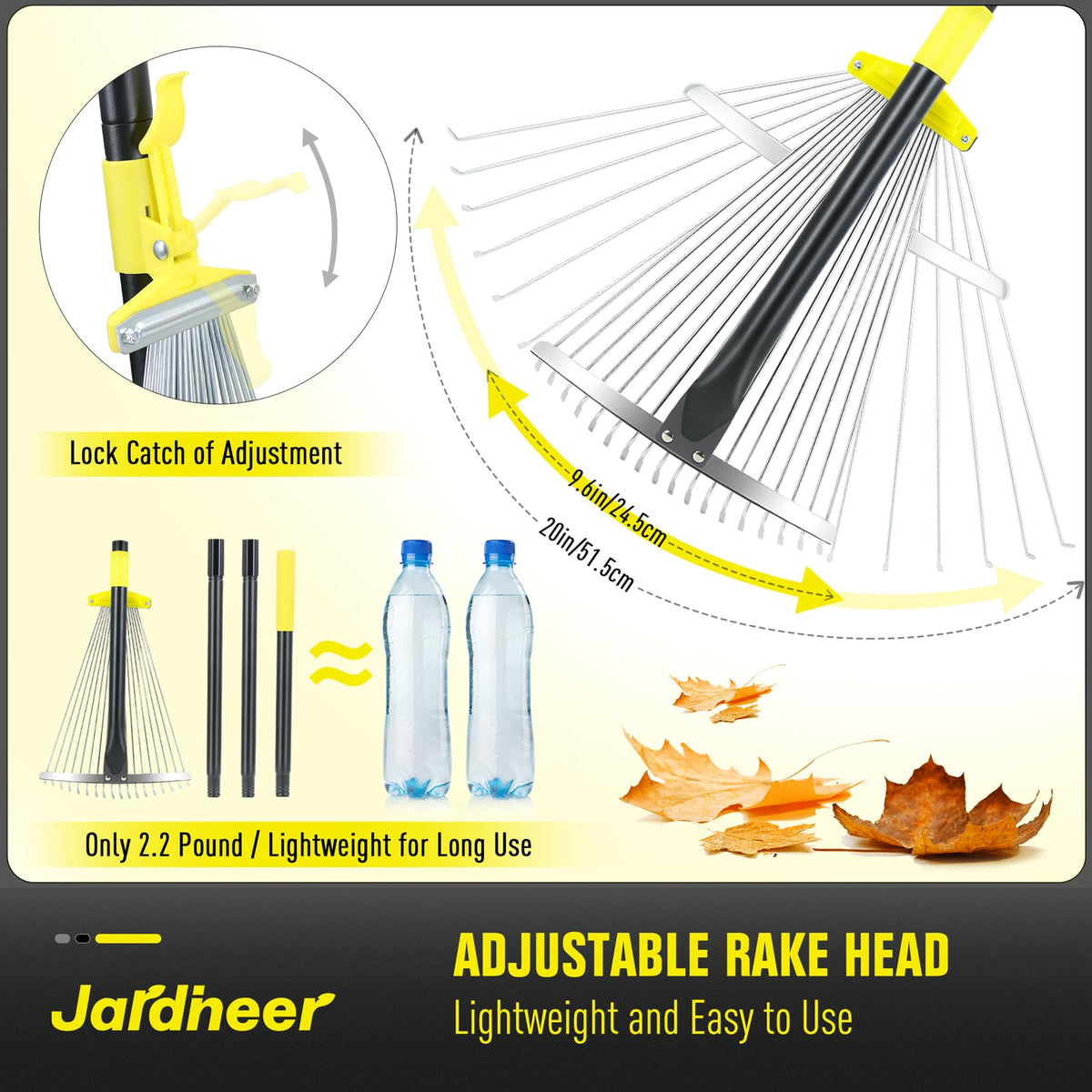 Jardineer rake with telescopic handle extended for ergonomic reach