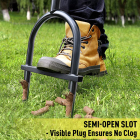 Jardineer aerator shows two hollow tines for efficient soil plug removal.