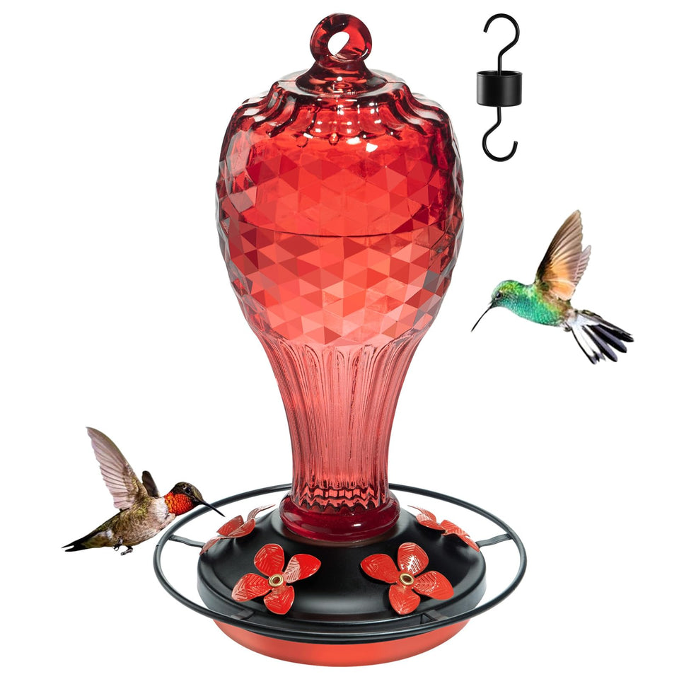 Jarkyfine 20 oz glass hummingbird feeder top view shows easy refilling and bright finish