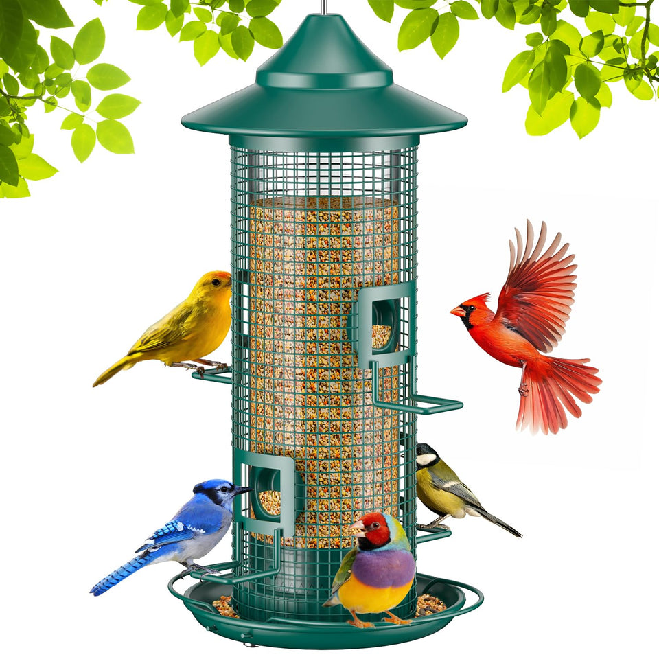 Jarkyfine metal mesh tube bird feeder outdoors with chew-proof design for durability.