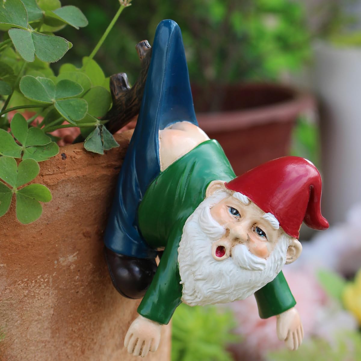 JARPSIRY pants-hanging-branch-gnome figurine adds playful charm to flower pots.