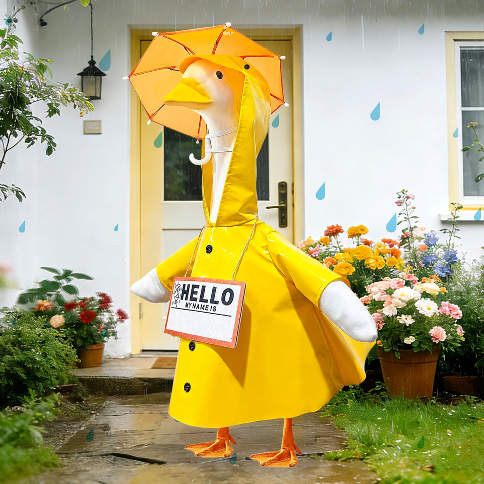 JarThenaAMCS raincoat porch goose outfits set with umbrella and tag for playful outdoor decor.