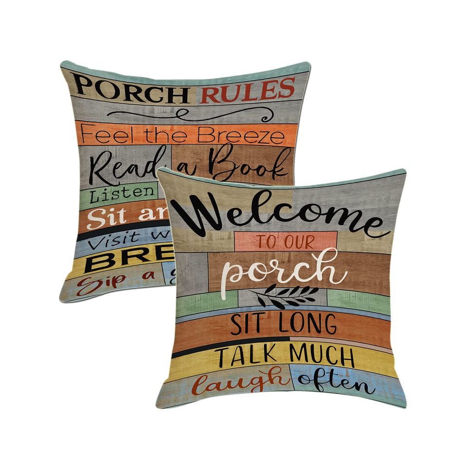 Jartinle decorative outdoor pillow cover with porch sign adds rustic charm to outdoor seating.
