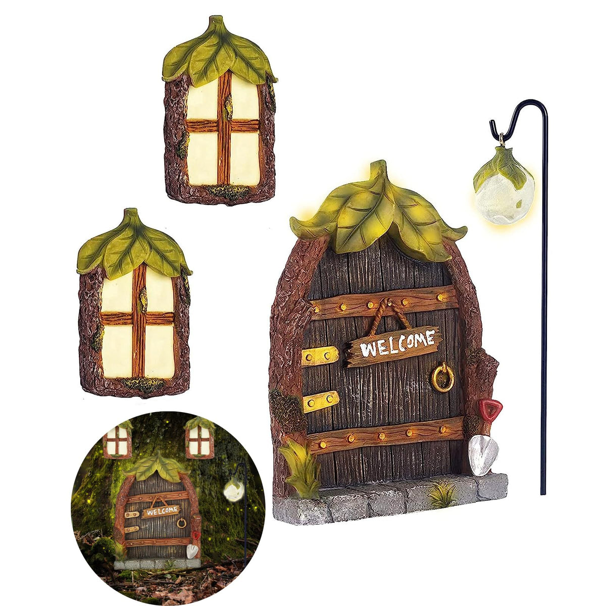 Jauay fairy door kit adds whimsical entry to trees or pots for imaginative garden scenes.