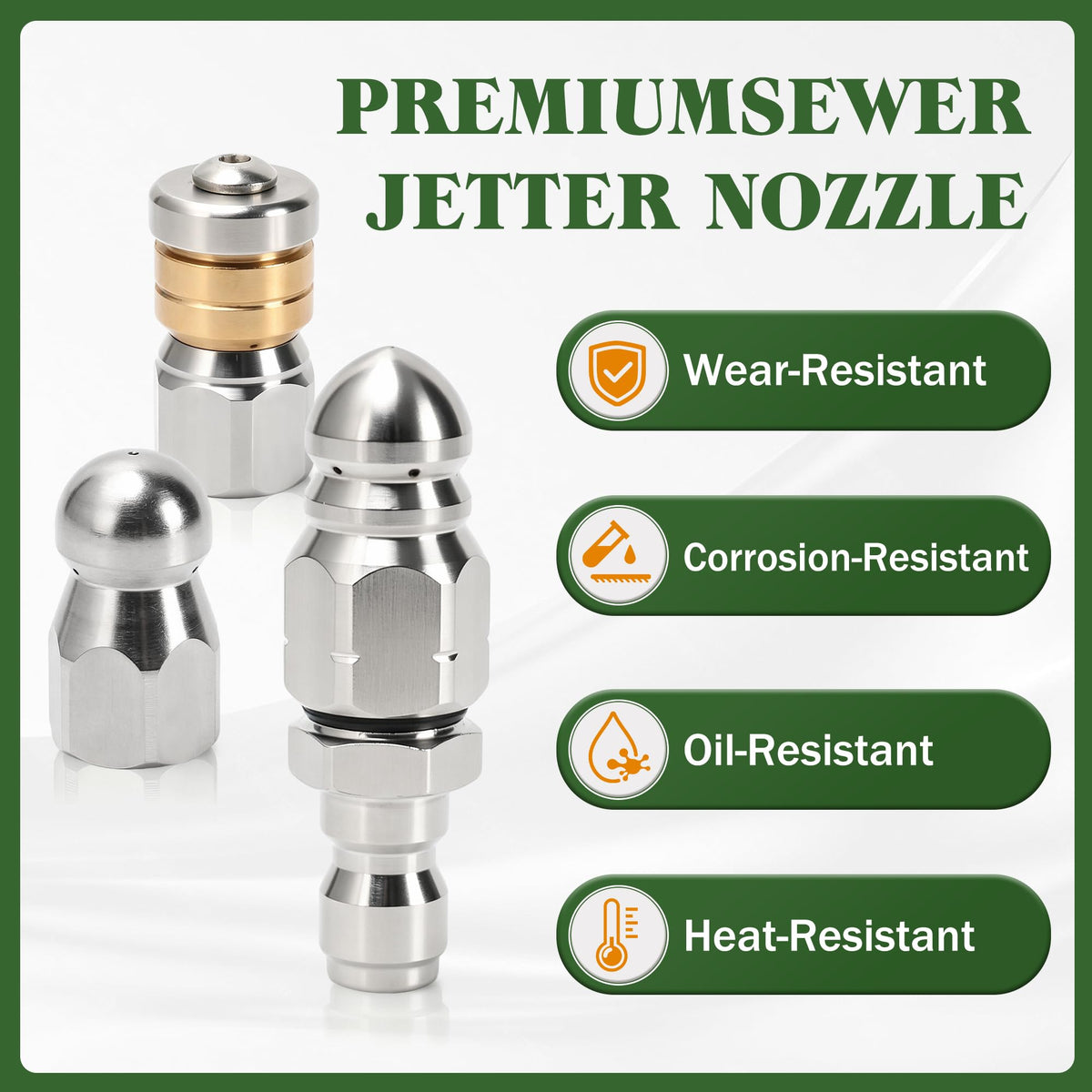 Javneo sewer jetter nozzle button nose provides focused bursts for blockages.