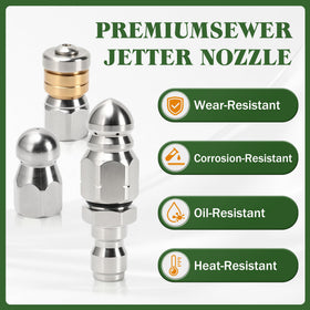 Javneo sewer jetter nozzle button nose provides focused bursts for blockages.