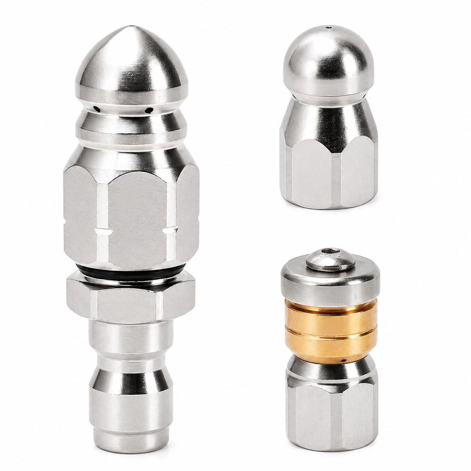 Javneo sewer jetter nozzle rotating delivers 360° pipe cleaning.