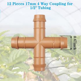 Jayee drip fitting four-way tee connector 12-pack enables versatile tubing junctions.