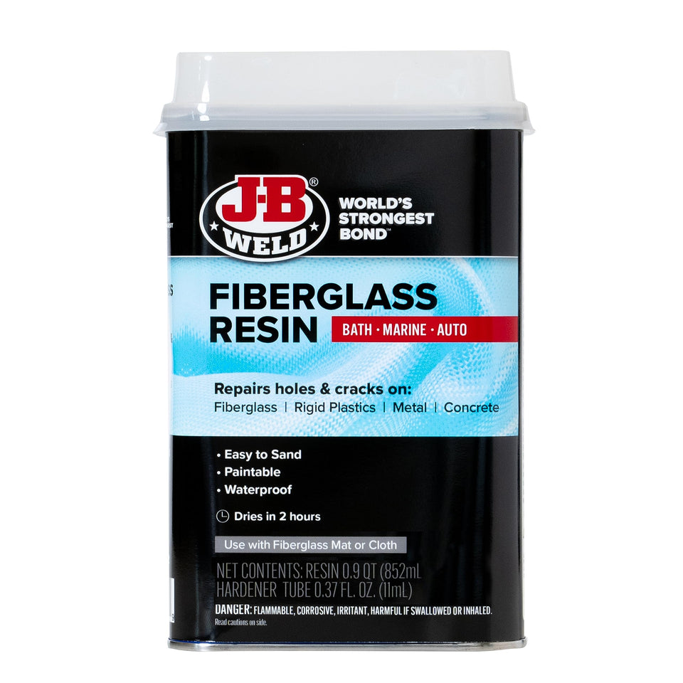 J-B Weld Fiberglass Resin bottle close-up for durable waterproof repairs