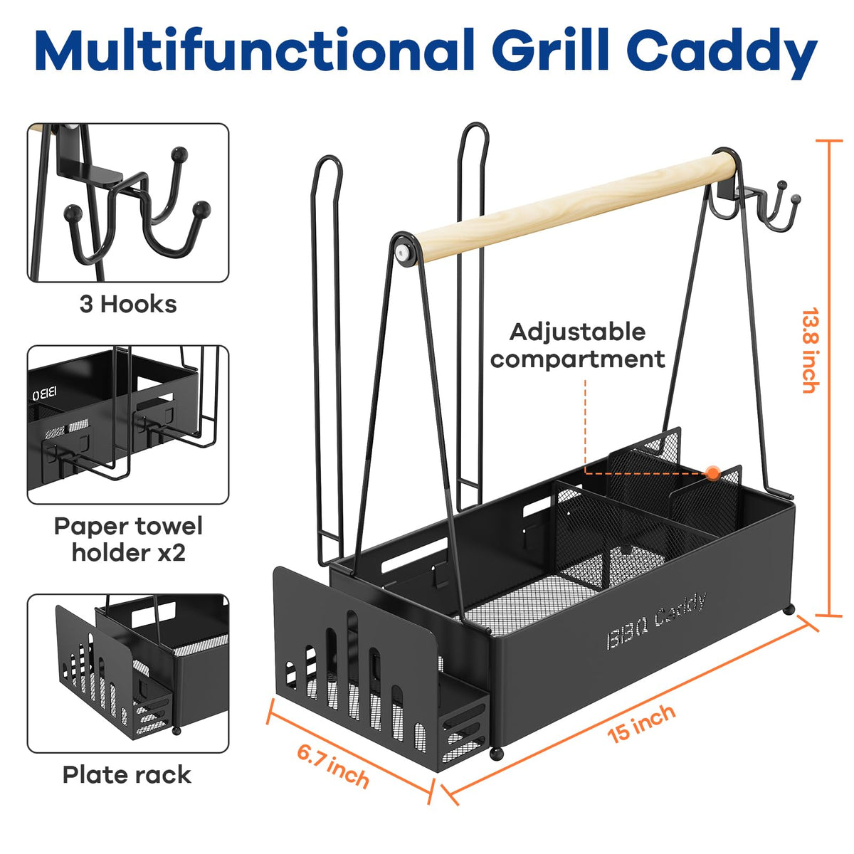 JBBTOOL Grill Caddy wooden handle for comfortable carrying.