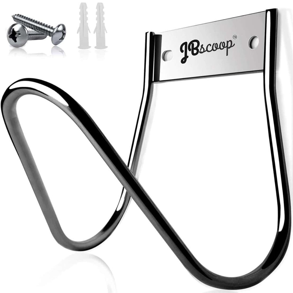 JBscoop garden hose holder wall mount front view, sturdy stainless steel for outdoor durability.