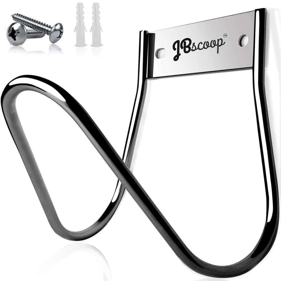 JBscoop garden hose holder wall mount front view, sturdy stainless steel for outdoor durability.