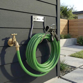 JBscoop garden hose holder wall mount side view, compact design saves space.