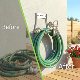 JBscoop garden hose holder metal closeup, shows rust-proof stainless detail.