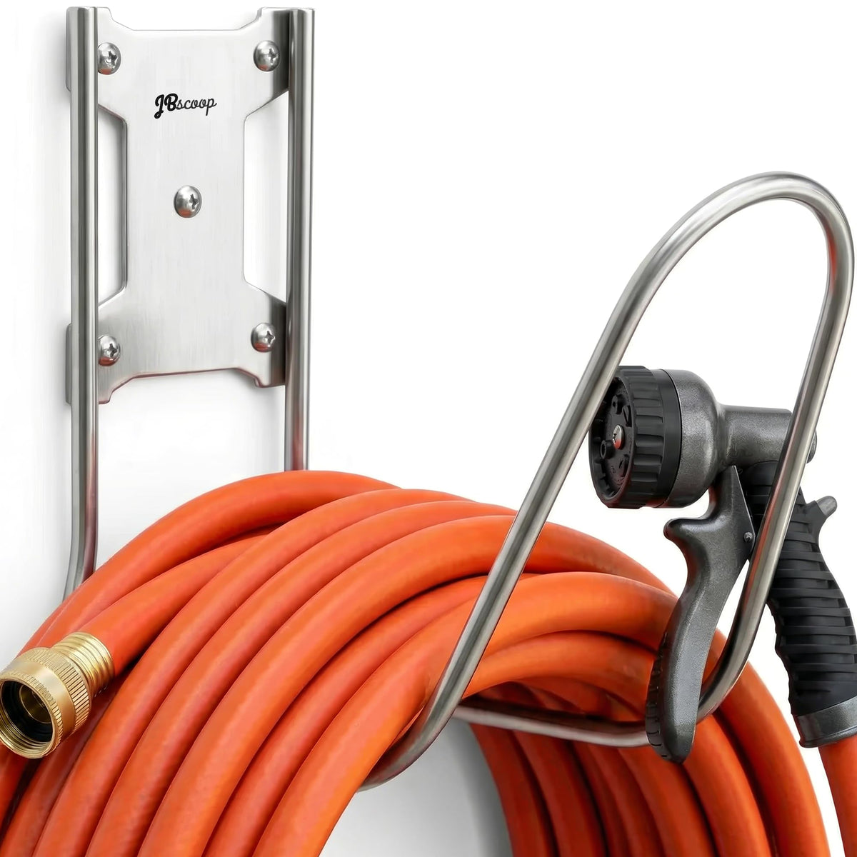 JBscoop large stainless steel hose holder mounted on wall for durable outdoor storage.