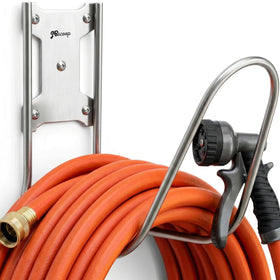 JBscoop large stainless steel hose holder mounted on wall for durable outdoor storage.
