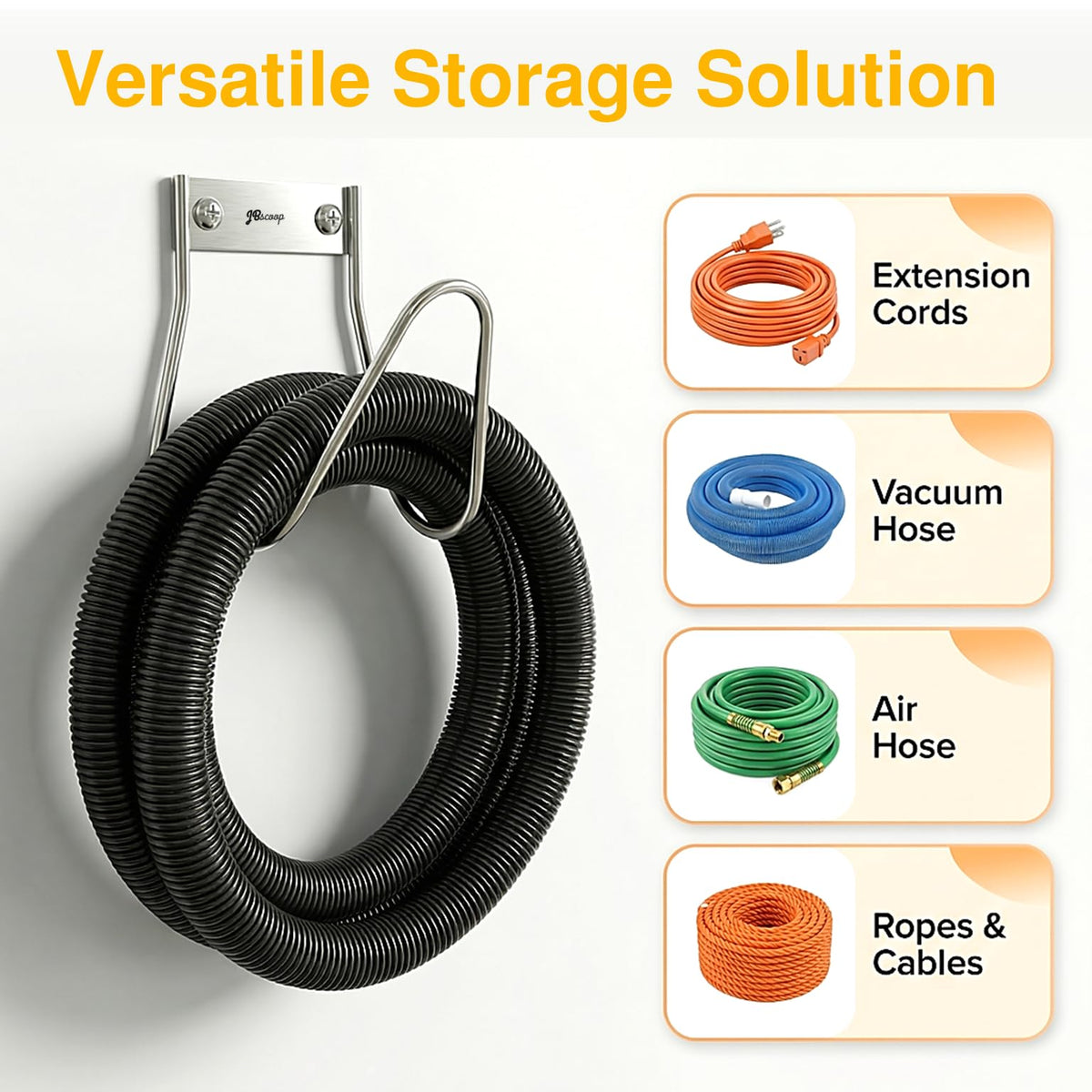 JBscoop usage wall mount, saves space and reduces trip hazards.